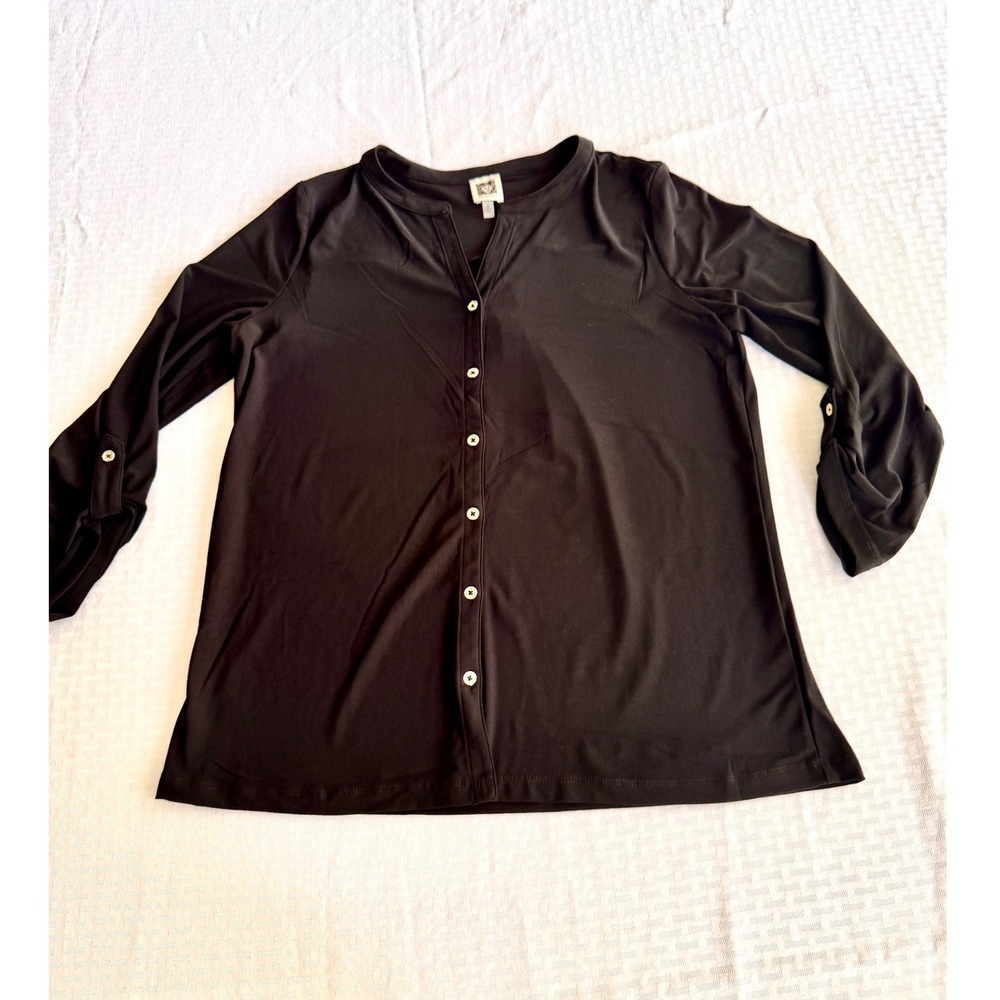 Anne Klein Black Roll Tab Sleeve Button Front Blouse Office Workwear Medium